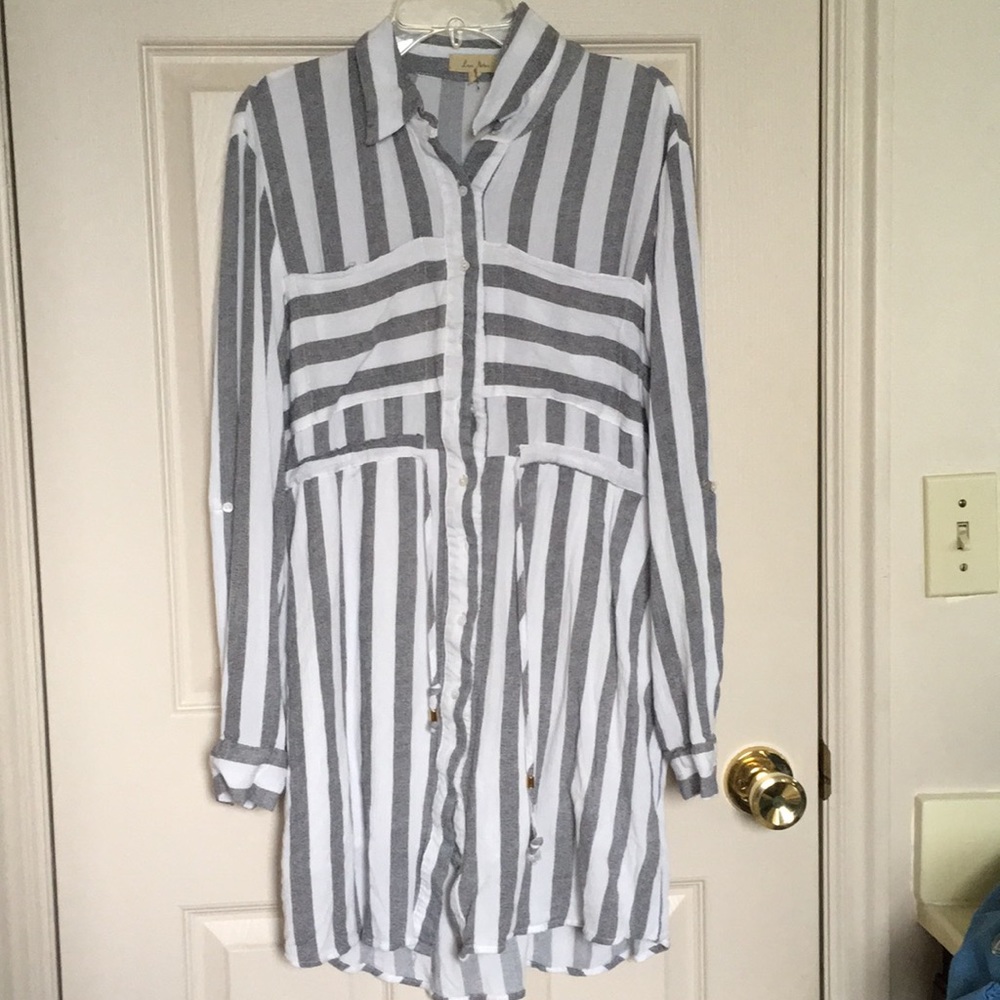 Vertical white and gray striped long sleeve dress